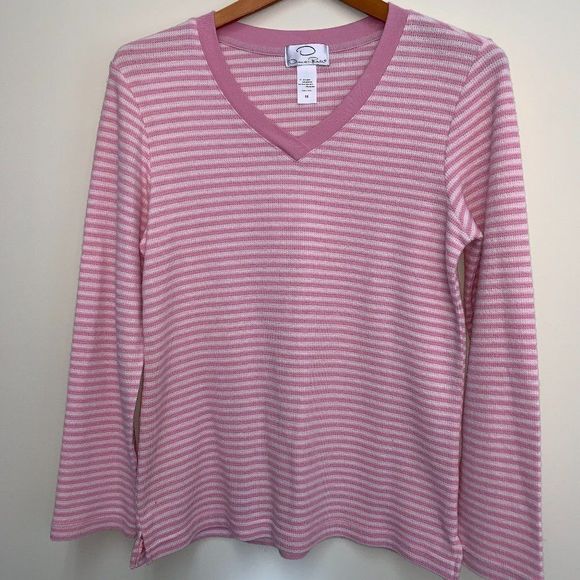 Oscar de la Renta Pink Striped V-Neck Sweater - Picture 1 of 7